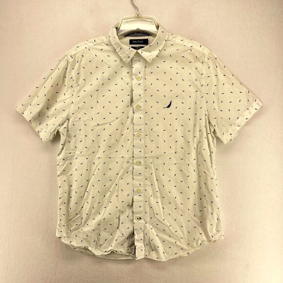 Nautica Shark Print Button Up‎ Short Sleeve Shirt Mens Size L Slim Fit - Picture 1 of 10